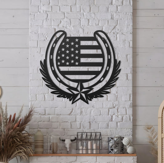 Horseshoe & USA Flag - Metal Sign